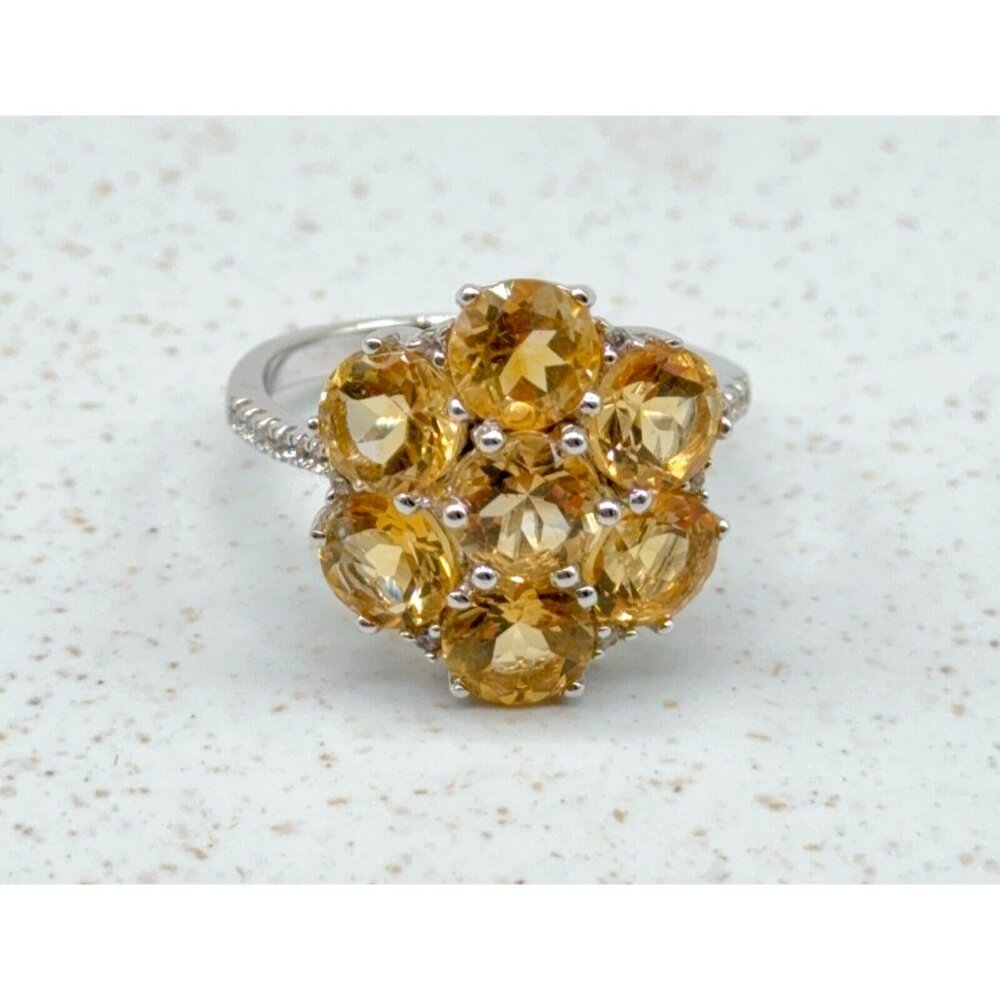 Citrine Cluster Flower Sterling Silver Ring 4.61ct Prong Set White Zircon Accent